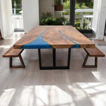 Tavolo da pranzo in noce indiano con bordo naturale in resina blu 210cm x 145cm